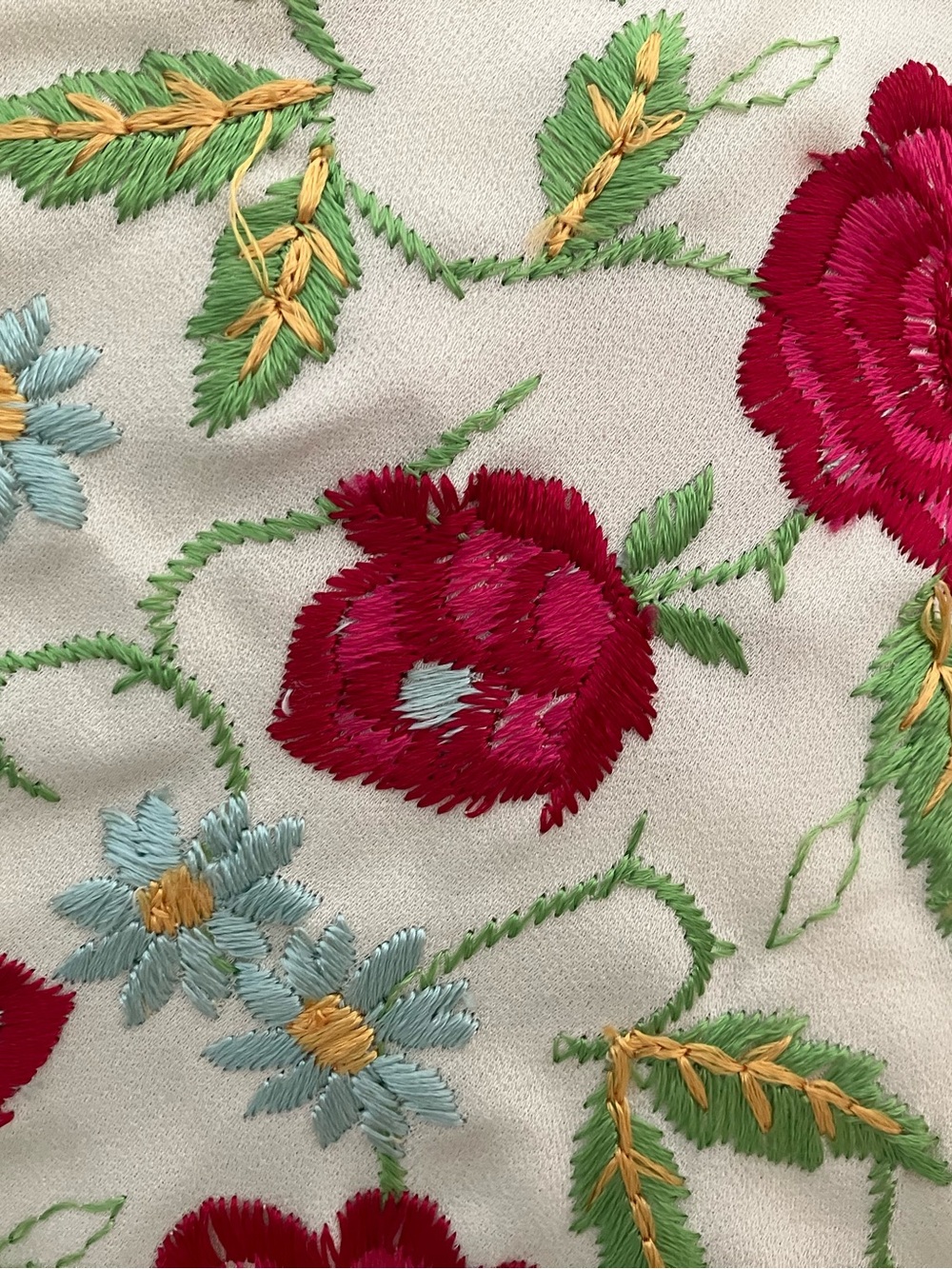 Vintage Saks Fifth Avenue Cream Shawl with Pink Rose Embroidery and Fringe - Picture 4 of 7